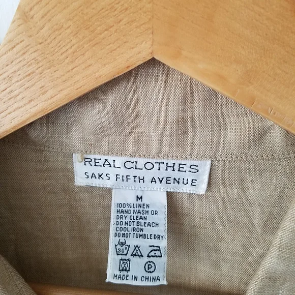 Vintage Real Clothes Saks Fith Avenue  100% Linen Beige Button Front Shirt  M - Picture 11 of 11